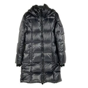 S13 New York Maxi Down Puffer Coat Women's M Glossy Black Quilted Hooded Long